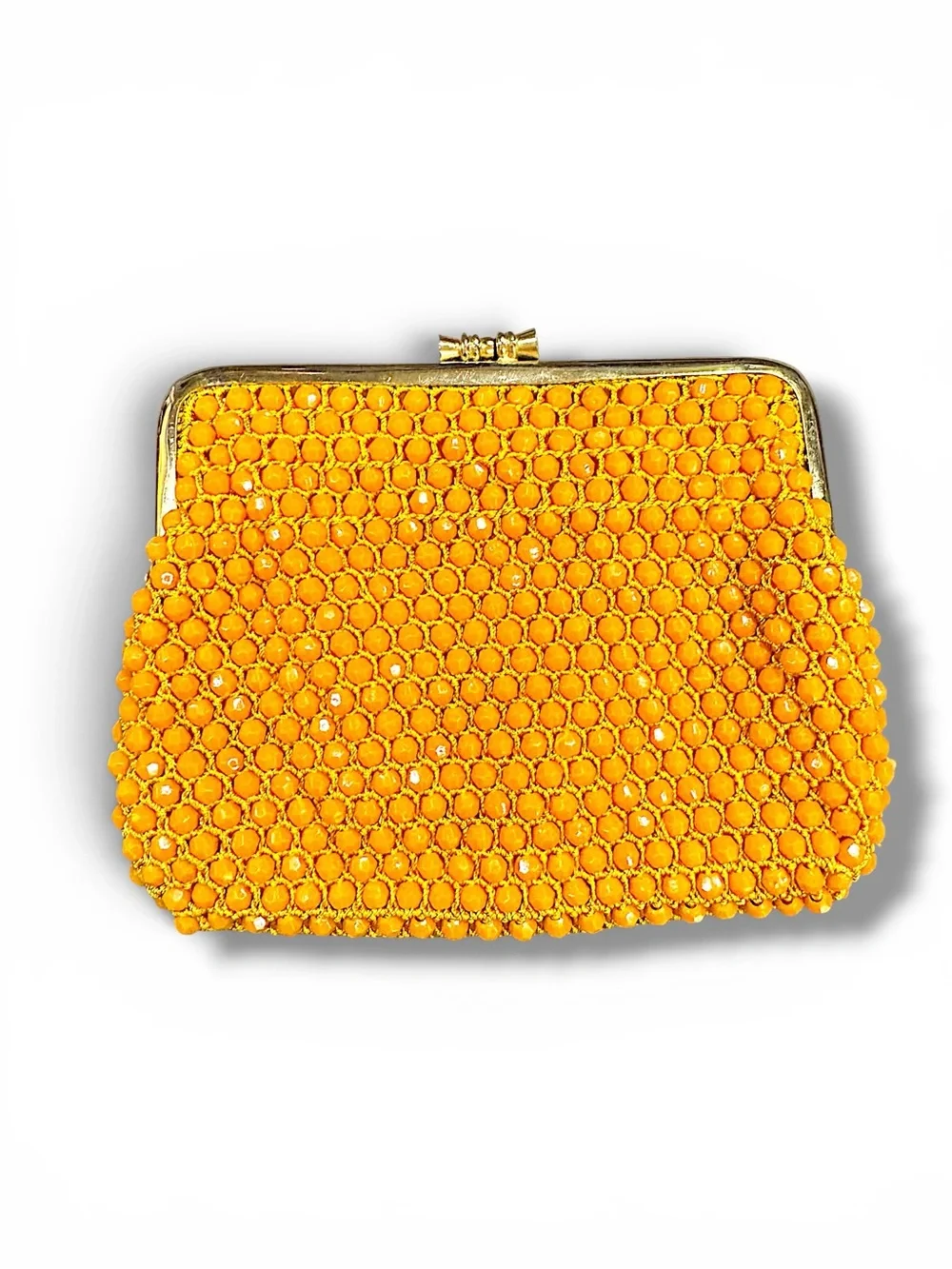 Vintage Orange Hand Beaded Clutch Coin Purse Gold Kiss Lock Evening Bag Retro